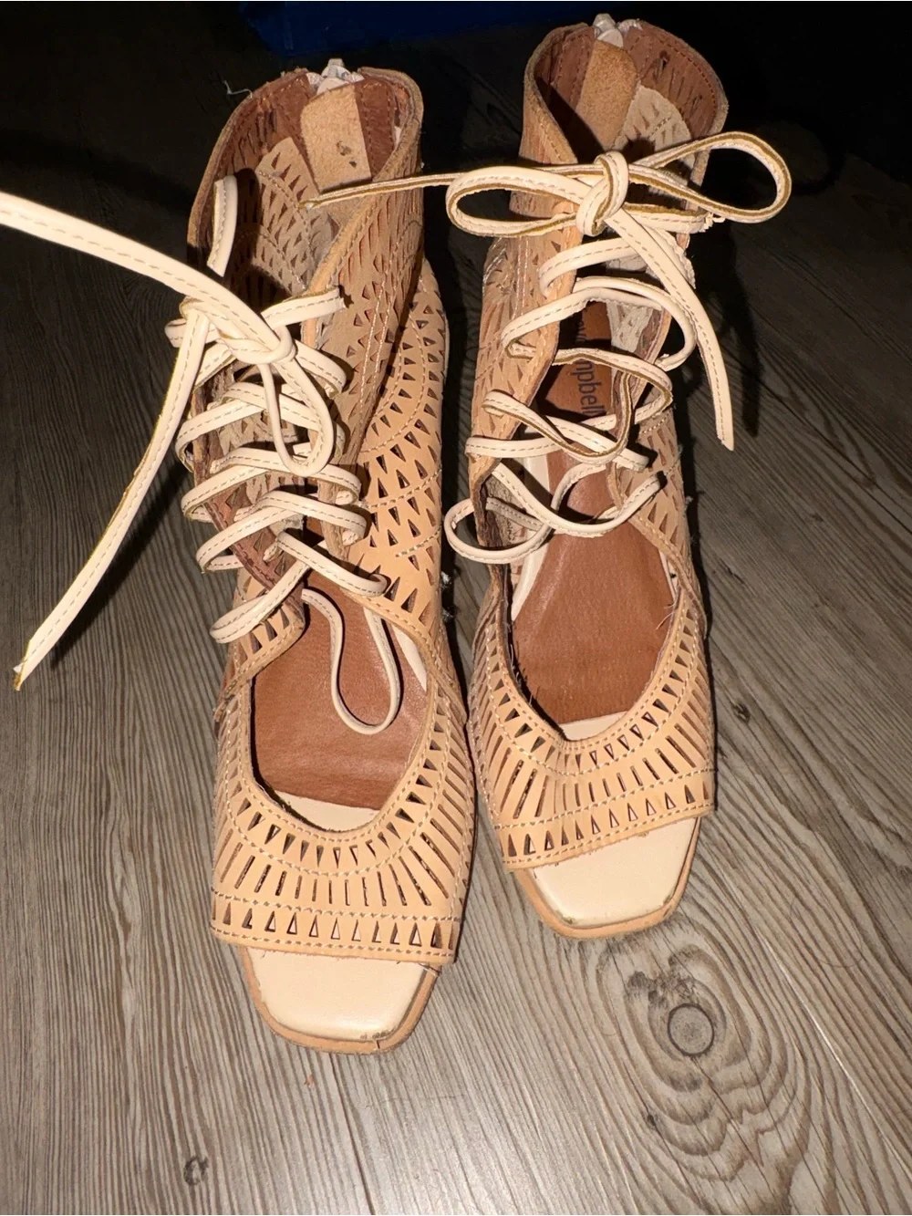 Jeffrey Campbell Tan Cutout Lace-Up Wedge Sandals